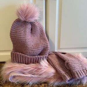 Purple and Pink Knit Pom Pom Beanie, Scarf and Fingerless Glove Set
